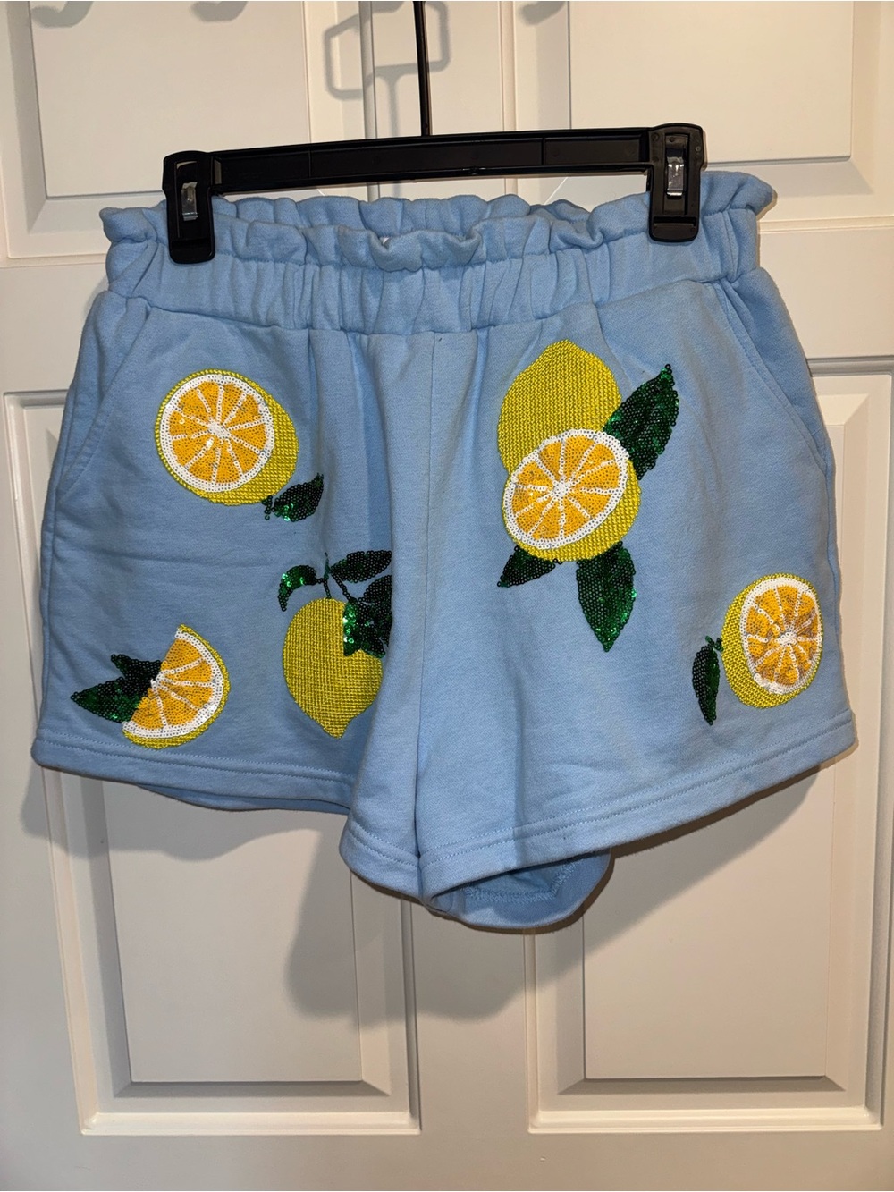 Queen of Sparkles Light Blue Lemon sequin Women's Shorts small
